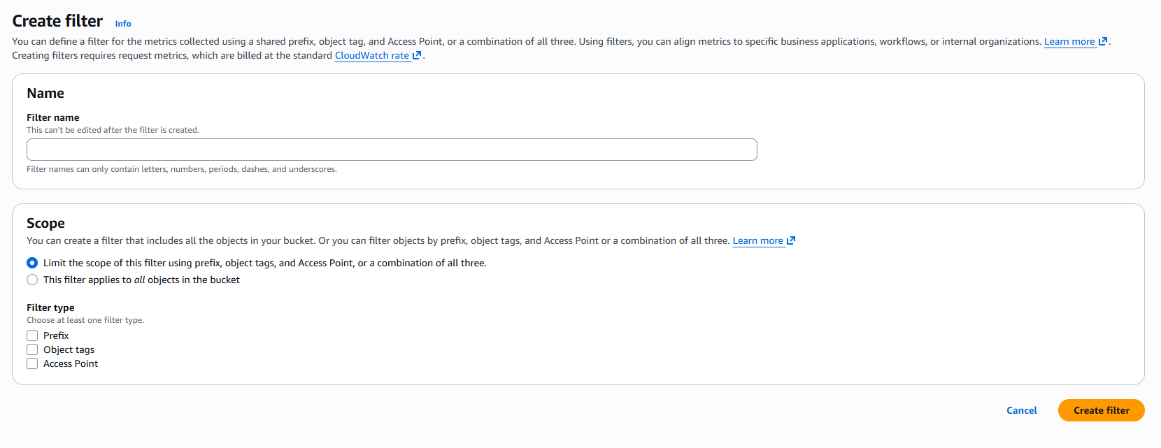 Create an S3 metrics filter