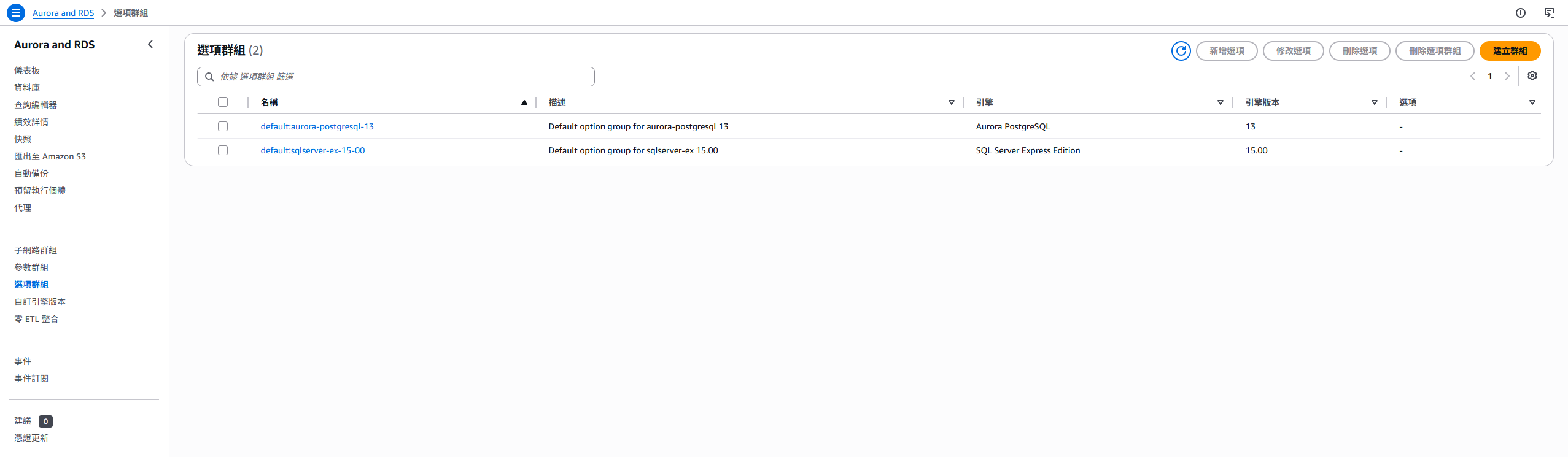 RDS Option Group list page