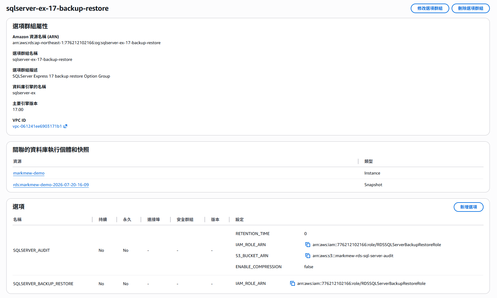 RDS option group with two options