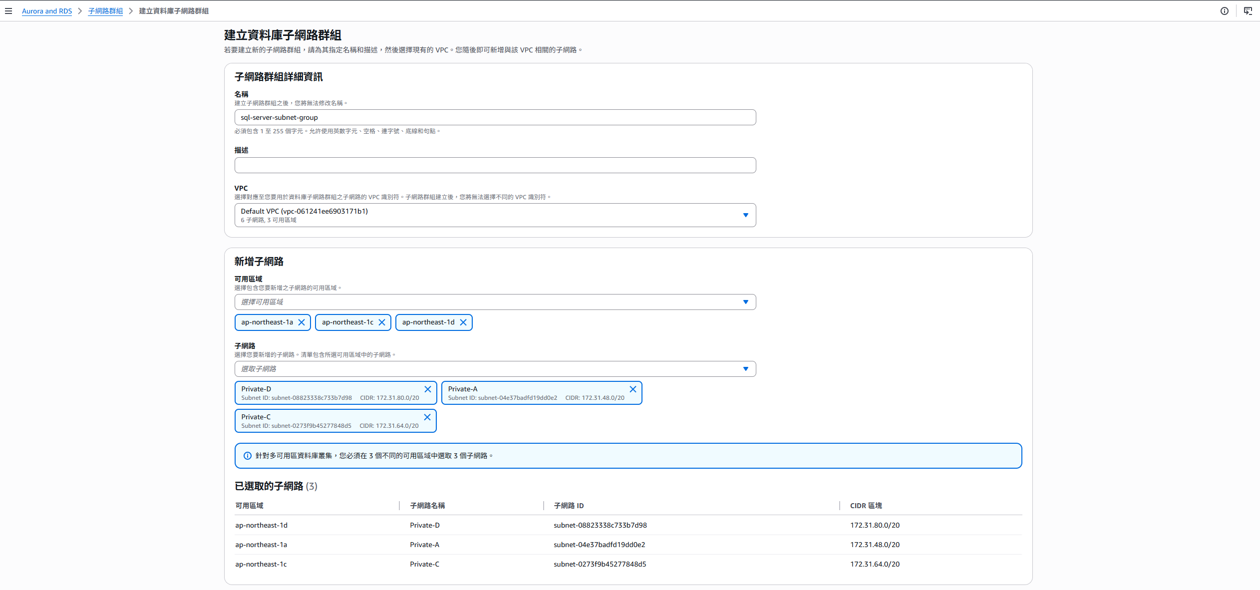 Subnet Group create sample